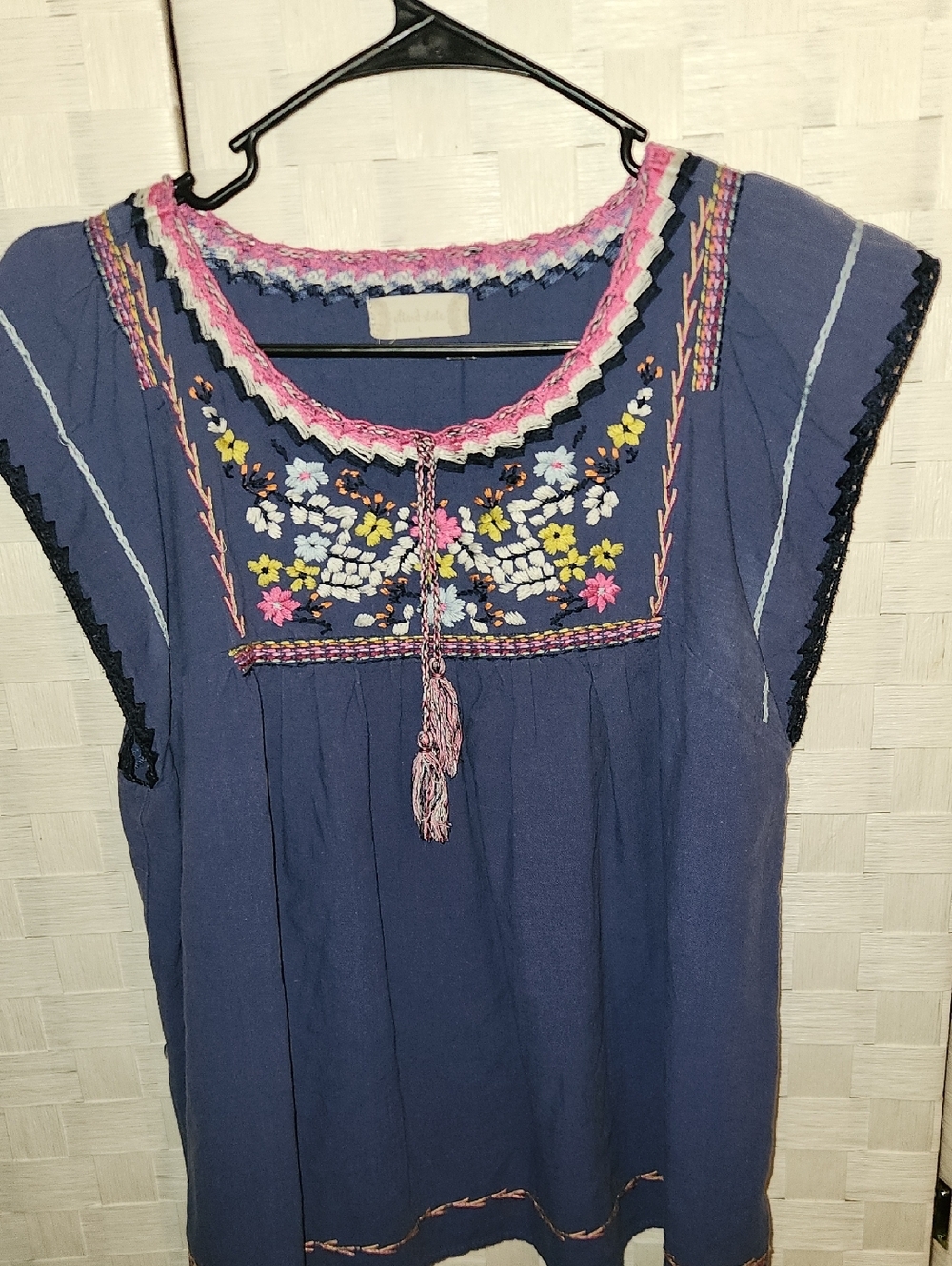 Altar'd State Sz L  Bohemian Navy Embroidered Flutter-Sleeve Top - Women's